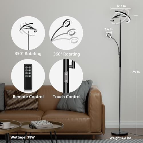 Black LED Floor Lamp with Reading Light - Dimmable Tall Standing Lamp with Remote & Touch Control for Living Room & Bedroom
