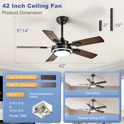 Depuley 42-Inch Black Walnut Ceiling Fan with Light, Reversible Blades & Remote