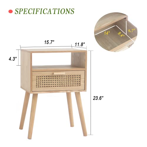 MaxSmeo Modern Nightstand with Rattan Drawer - Natural Walnut Finish - Small Space Bedroom & Living Room Side Table with Storage & Solid Wood Legs - Easy Assembly