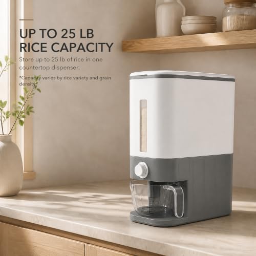 Grey 25 Lb Rice Dispenser with Measuring Cup - Airtight Grain Container