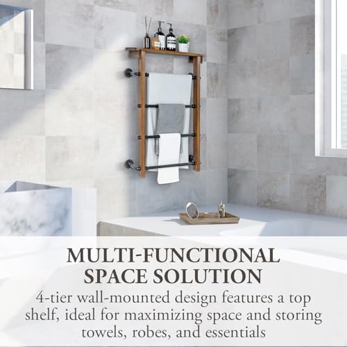 Wall-Mounted Towel Rack Ladder with Storage Shelf - Rustic Burnt Wood, Dark Brown