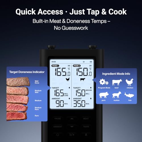 ThermoMaven 3000FT Smart Wireless Meat Thermometer, Sub-1G Long Range, 6 Sensors NIST Certified Accuracy, 2 Thin Probes, Standalone Base with Large LCD for Grill, Smoker, Oven, BBQ