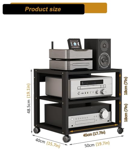 Black 3-Tier AV Media Stand, Heavy Duty Audio Rack Tower, Adjustable Shelves
