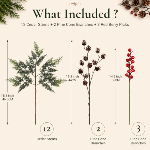 12 Artificial Cedar Stems with Pine Cones & Red Berries - 17.5" Holiday Decor (Variation: 12Cedar Stems+2Big Pinecones+3Red Berry)