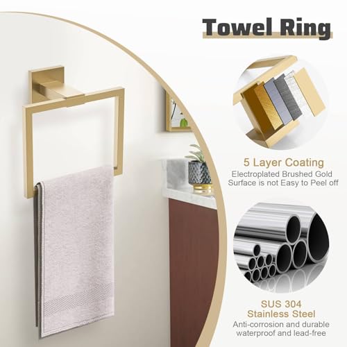 5-Piece Brushed Gold Bathroom Hardware Set with Double-Base Toilet Paper Holder & Towel Bar