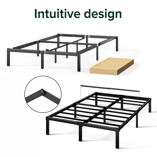 Black Full 14 Inch Metal Platform Bed Frame with Slats & Headboard Compatibility