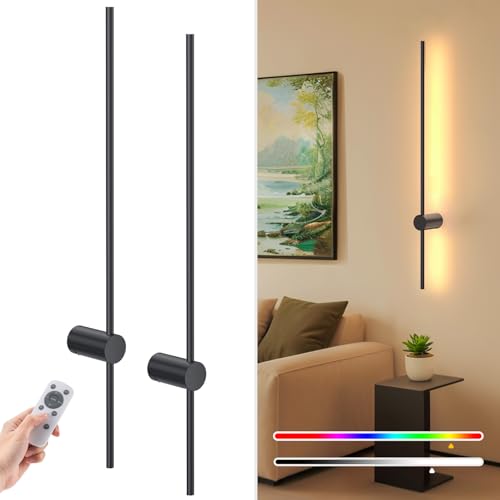NIORSUN Black 35.4 Inch Rechargeable LED Wall Sconce Set of 2 with Remote - Dimmable Wireless Modern Lighting for Living Room & Bedroom