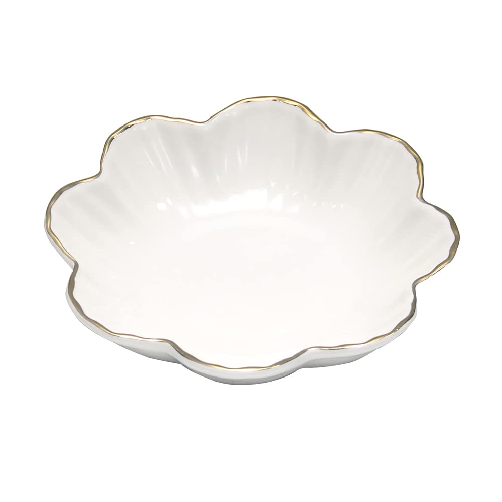 HOKMOKQOK Porcelain Serving Dish,Ceramics Flower Relish Tray with Metallic Rim,Serving Bowls for Wedding,Party Perfect for Small Cereal, Pasta, Salad, Candy and Snacks White 6.6 inch (6.6 inch)