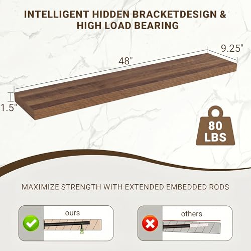 Floating Wall Shelves - Walnut, 48x9.25 Inches, 1 Piece - Modern Wall Storage