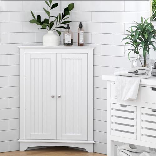 White Corner Bathroom Cabinet with Doors and Adjustable Shelf - Spiralich
