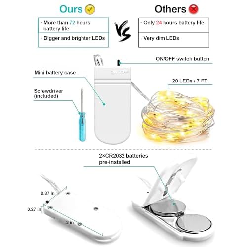 6 Pack Fairy Lights Battery Operated 7ft 20 LED Mini String Lights Twinkle Lights Silver Wire Firefly Starry Moon Lights for Mason Jars Wedding Party Christmas Centerpiece Table Decorations,Warm White