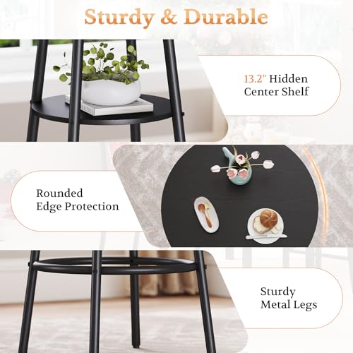 Kiivakii 3-Piece Round Bar Table Set with 2 Stools - Black, Storage Rack