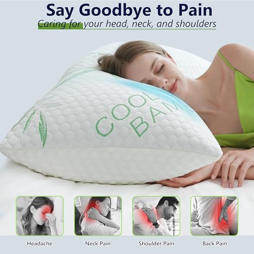 Green-White Bamboo Cooling King Pillows Set of 2 - Adjustable Memory Foam, Sleep Support