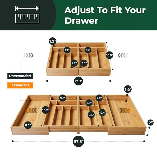 Large Silverware Organizer with 13 Slots - Natural Bamboo Expandable Drawer Divider, Adjustable from 21 to 37.4 Inches – Natural Finish