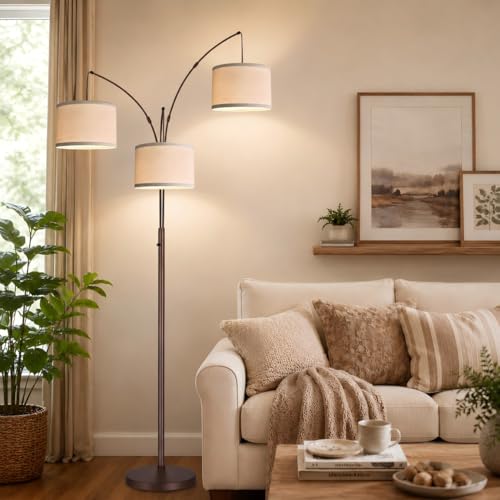 Nintiue Dimmable Arc Floor Lamp with Beige Linen Shades - Brown, 3 Lights, Tall Modern Standing Lamp for Living Room & Bedroom