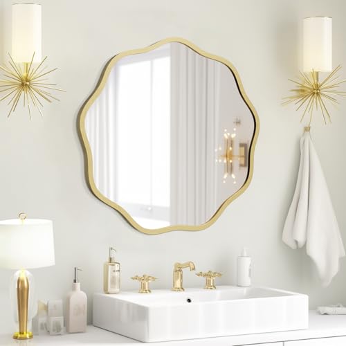 WallBeyond 20 Inch Gold Wavy Round Mirror for Wall Decor, Modern Aluminum Frame