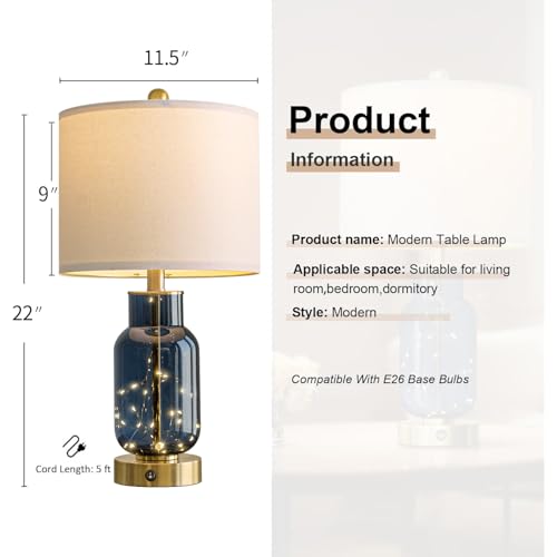 Oneach 22-Inch Blue Glass Table Lamps Set of 2 with USB Charging & Nightlight
