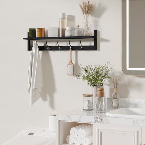 Wall-Mounted Shelf with Hooks - 28.9 Inch Entryway Hanging Storage Black - Variation of Black-28.9IN