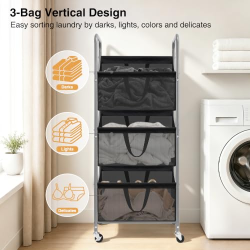 Black Mesh 3-Tier Vertical Laundry Hamper with Removable Bags, Rolling & Lockable Wheels