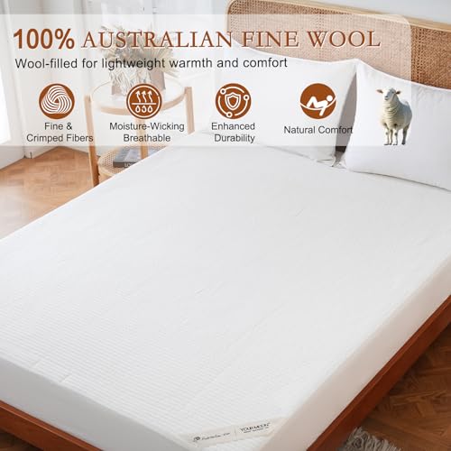 YOUR MOON Queen Wool Mattress Pad with Cotton Cover - Natural, Breathable, Temperature-Regulating