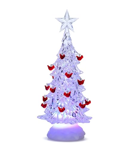 12-Inch Color-Changing LED Acrylic Christmas Tree with Red Birds - Festive Tabletop Decor