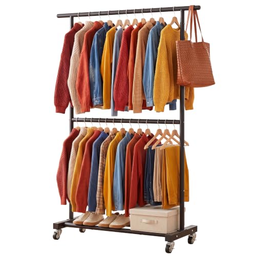 Black Double Rod Metal Clothing Rack on Wheels - 47.24" L, Portable Garment Stand with Shoe Shelf