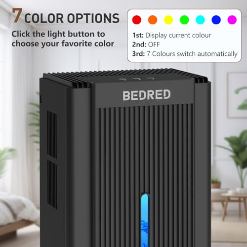 BEDRED 95OZ Black Dehumidifier for Home & Bedroom, Quiet Auto Shutoff & 7-Color Ambient Light