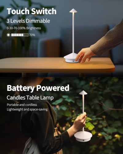 Cordless LED Table Lamp Set of 2 - Portable White Desk Lamps with Touch Control
