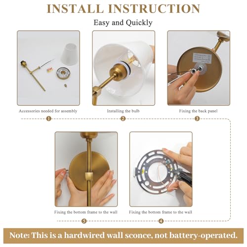 Bsmathom Gold Wall Sconces Set of 2 - Hardwired Brass Bathroom & Bedroom Lighting