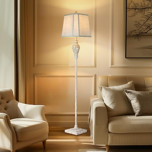 Cream Rustic Floor Lamp with Nightlight - Vintage Standing Lamp for Living Room
