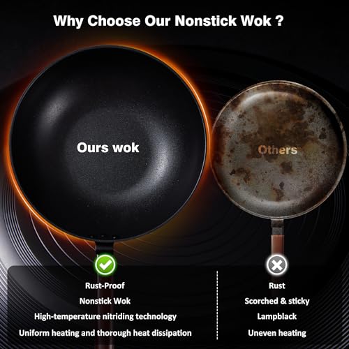 13-Inch Carbon Steel Wok with Lid - Nonstick Stir-Fry Pan, Black