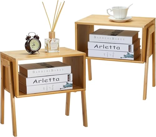 Pipishell Natural Bamboo Nightstands Set of 2 - Stackable Bedside Tables with Storage Shelf for Small Spaces