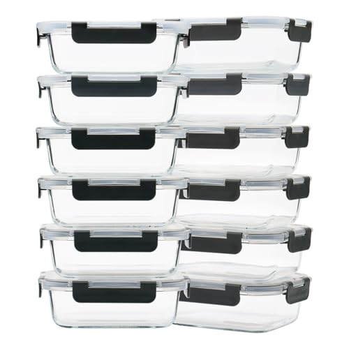 GULFLIN 12 Pack 22 oz Glass Meal Prep Containers with Airtight Lids, Gray