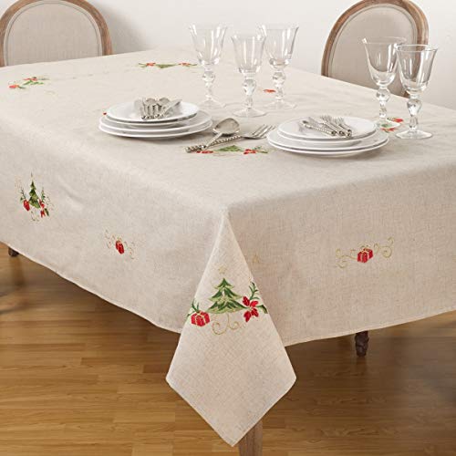 SARO LIFESTYLE Embroidered Christmas Tree Linen Blend Tablecloth 67x160 Inches, Natural