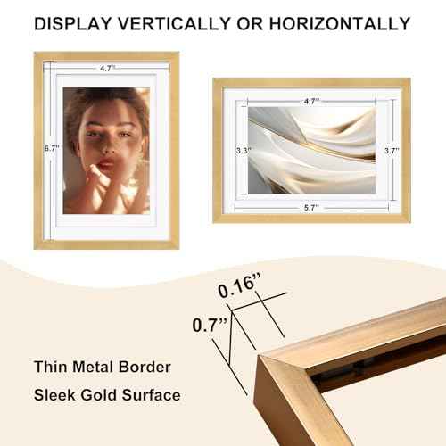 Egofine 5x7 Aluminum Picture Frame Display with Mats for 3.5x5/4x6 or 5x7 without Mat, Metal Picture Frame Covered by Plexiglass for Tabletop and Wall Mounting, 1 Pack, Gold