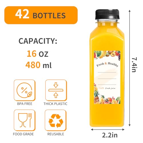 Moretoes 42pcs 16oz Reusable Plastic Juice Bottles with Caps & Accessories - Clear, Leak-Proof, BPA Free