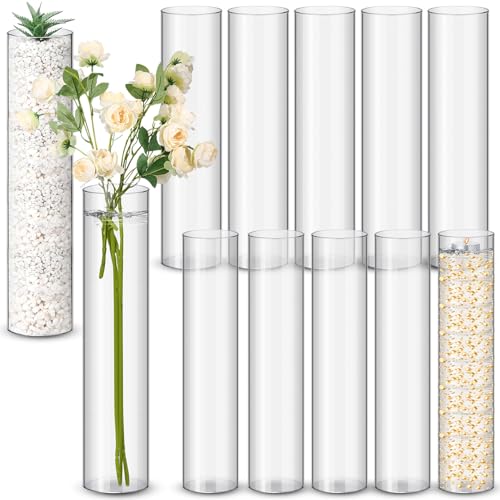 Nuogo 12-Pack Clear Acrylic Cylinder Vases 16 Inch Wedding Centerpieces
