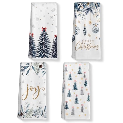 JIUWEIHU 4 Pcs Blue Christmas Kitchen Towels Winter Xmas Tree Dish Cloths Multi 0346