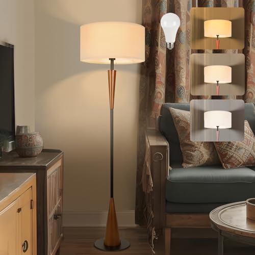 Wood Floor Lamp for Living Room - 61.5 Inch Retro Farmhouse Standing Lamp with 3-Color Temperature - Brown - Includes 9W Bulb & Foot Switch