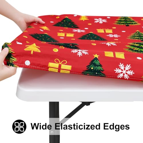 Smiry Christmas Fitted Square Vinyl Table Cover 42x42 Inches, Gold & Red