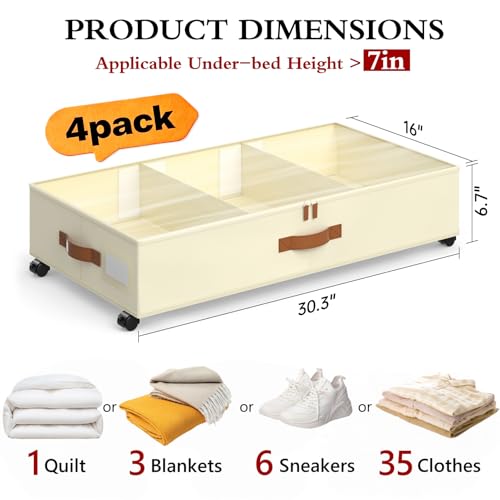 Yecaye Beige Large 60L Under Bed Storage Containers with Wheels, Adjustable Dividers & Clear Lid - 4 Pack
