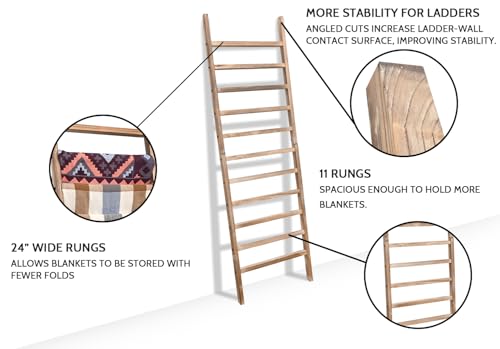 Rustic Wooden Blanket Ladder - 6.4ft Tall, 24 In Wide, 11 Rungs - Burnt Brown