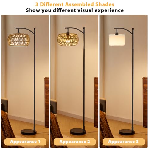 Ambimall Black Bohemian Arc Floor Lamp with Rattan & Linen Shades, Remote Control