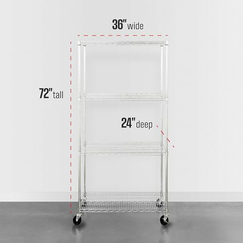 Heavy Duty Wire Shelving Unit - 36x24x72 Inches with Wheels - Silver, 4 Tiers