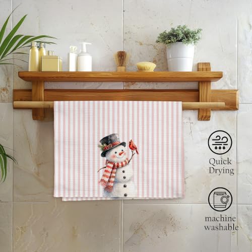 Preppy Christmas Cardinal Snowman Kitchen Hand Towels - Pink, 16x24 in