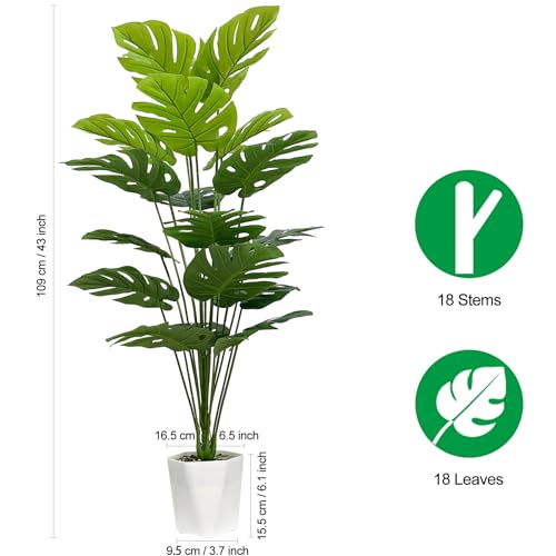 Artificial Monstera Deliciosa Plants Set of 2 - 43 Inch Faux Indoor Tropical Foliage with Pots