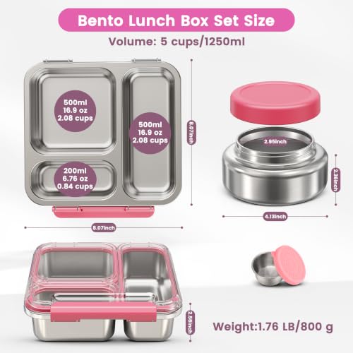Kids Pink Stainless Steel Bento Box Set with 7oz Soup Thermo & 3 Compartments
