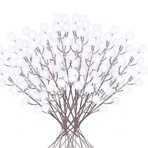 24Pcs Artificial White Berry Picks Snow Sprays Christmas Frosted Holly Berry Stems Twigs Winter Branches for Xmas Tree Fillers Decor Holiday Arrangements Wreaths Garland Crafts DIY Ornaments (White)