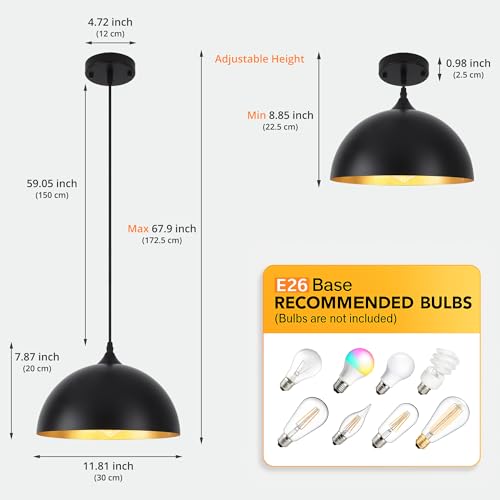 Black & Gold Pendant Lights 3 Pack - 11.8 Inch Modern Farmhouse Dome Fixture for Kitchen Island & Dining