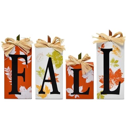 Gift Boutique Thanksgiving Fall Table Block Set of 4 Autumn Wooden Signs Blocks for Tiered Tray Tabletop Centerpieces Mantle & Home Office Decorations